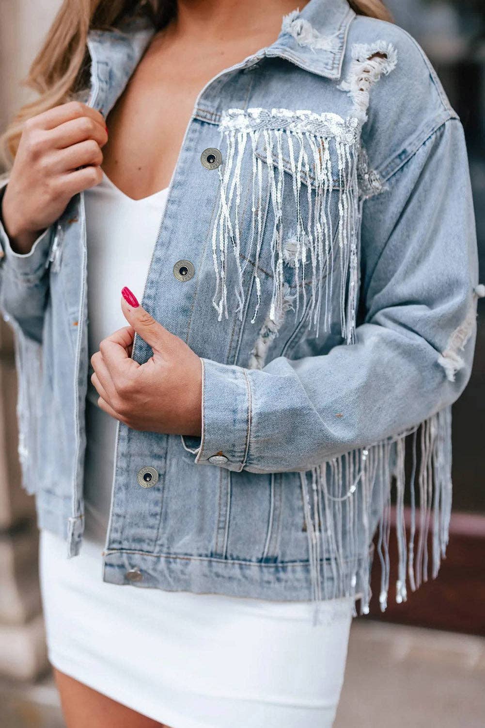Sky Blue Sequin Embellished Fringe Distressed Denim Jacket for wholesale on Faire5