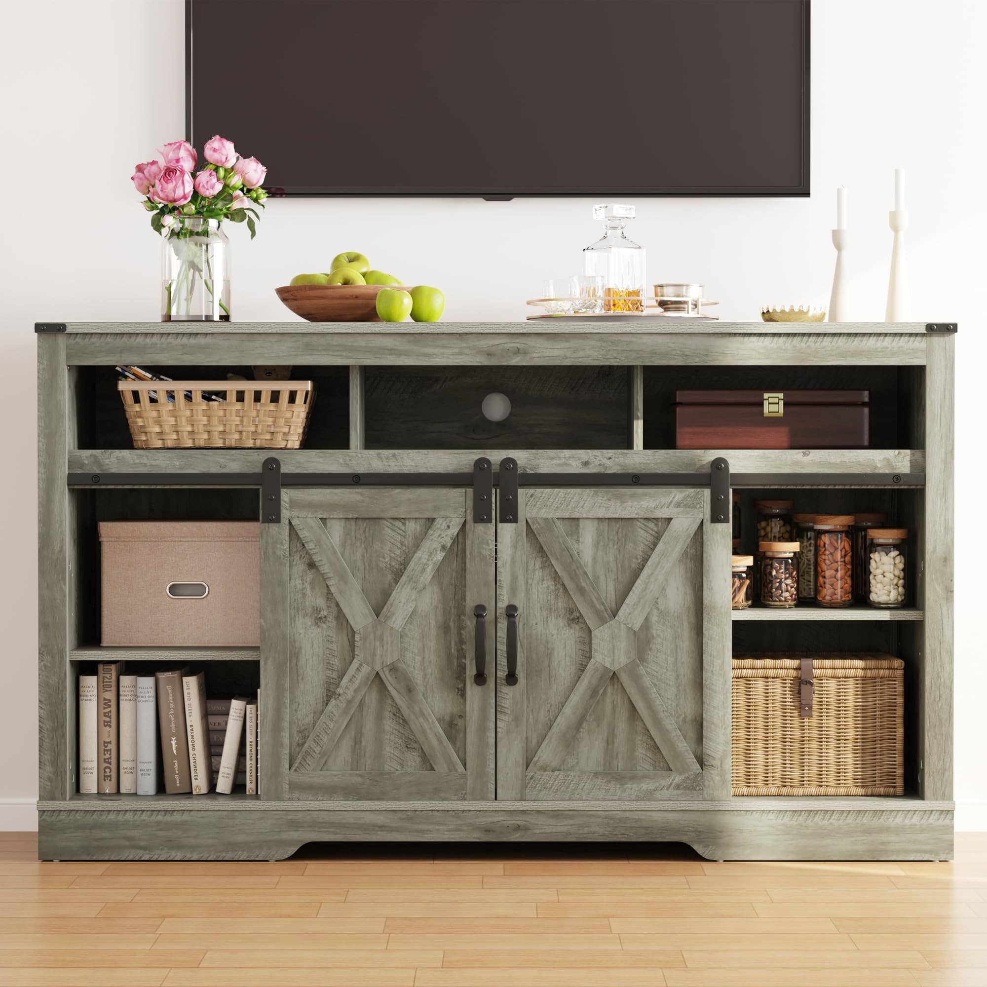 Heynemo - Wholesale Console Table - Farmhouse TV Stand for 23" Fireplace with Sliding Bar Door6