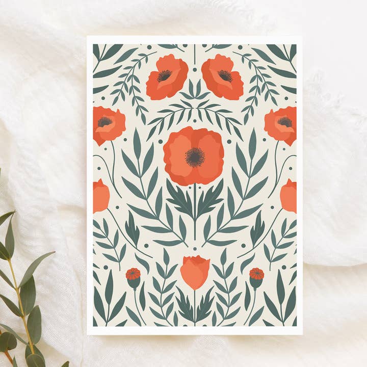 Florale Mohn-Grußkarte | Florale Geburtstagskarte für den Großhandel von Kourtni Gunn Art