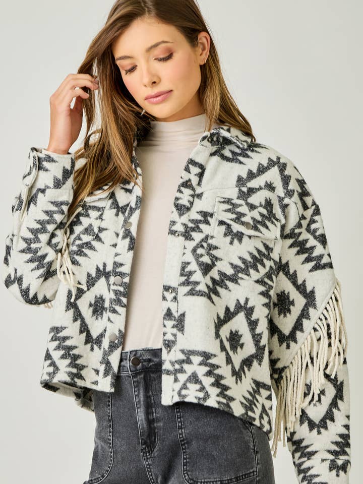 61200 Aztec Fringe Shacket for wholesale by Mystree