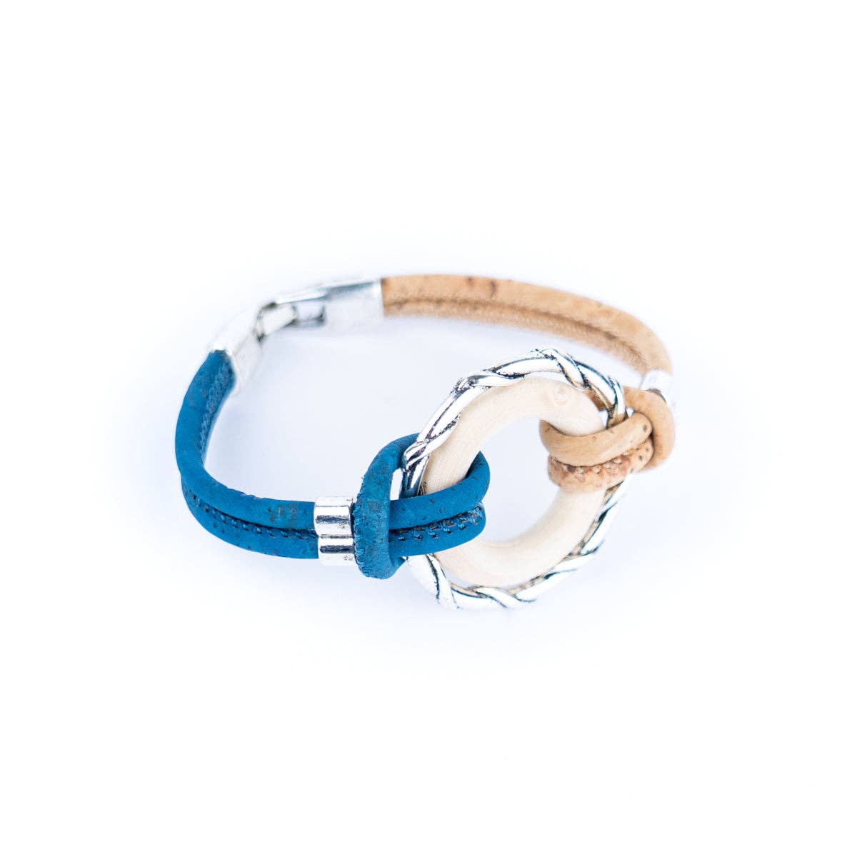 Meninas Bonitas Cork – Pulseira por atacado – Pulseiras femininas feitas à mão com fio de cortiça colorido e anéis de liga e madeira DBR-052-MIX-52