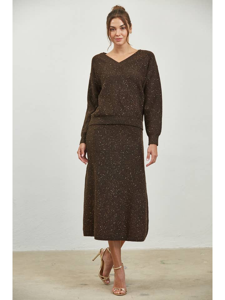 Edit by Nine - Wholesale Skirt - Women's - Sequin Mixed Flare Sweater Midi Skirt7