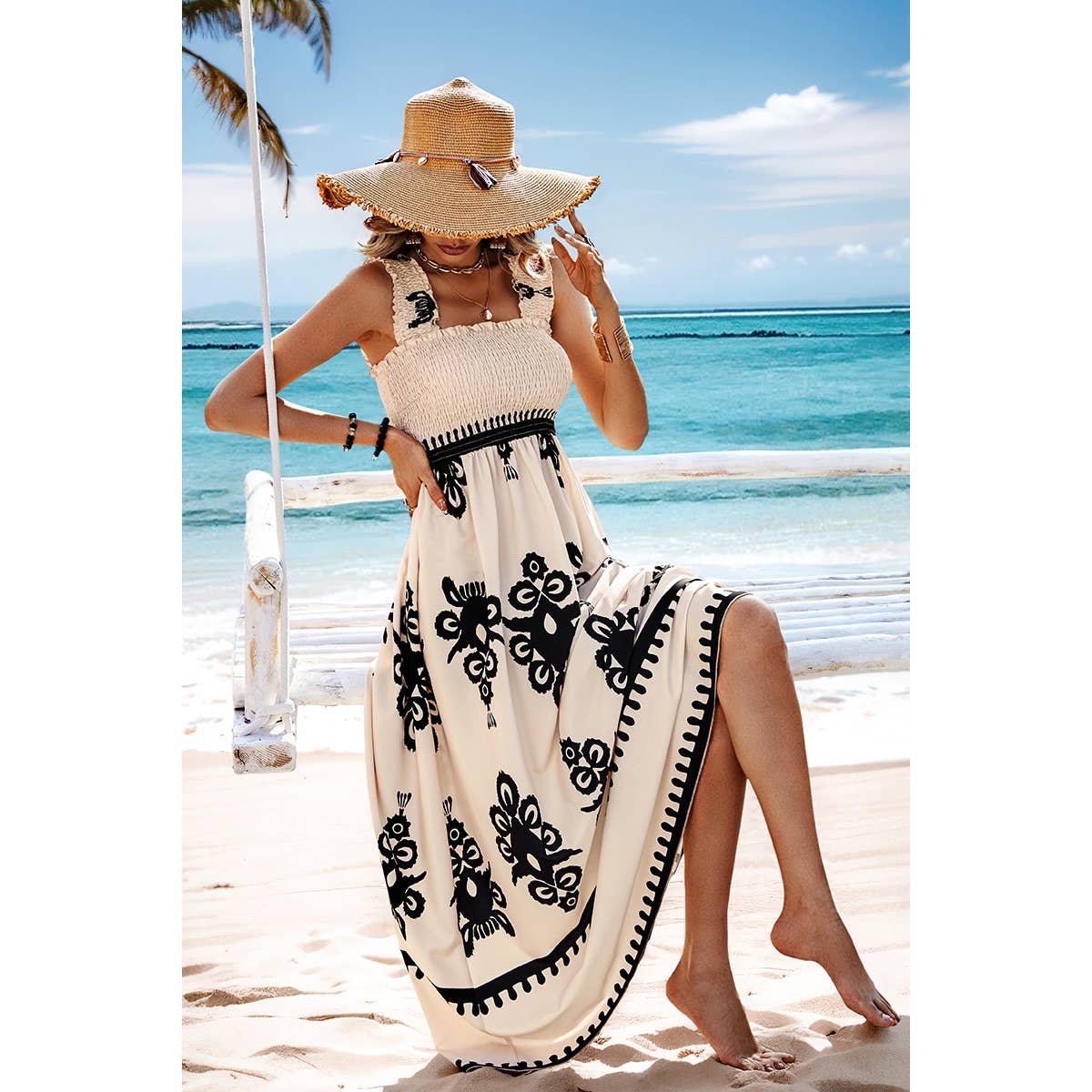 Elings - Wholesale Dress - Women's - Ruched Square Neck Sleeveless High Waist Dress8