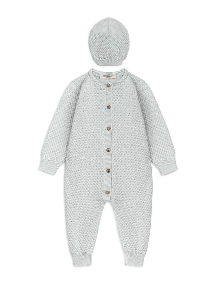 Baby Blue Knit Baby Gift Set – Jumpsuit, Hat & Blanket for wholesale by Nubo Baby
