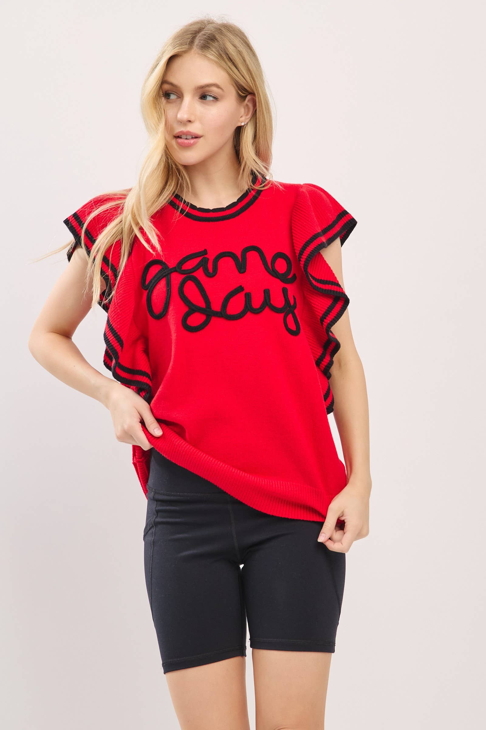 Sewn and Seen - Vente Haut en maille – femme - Haut en maille de jour de match à manches volantées style universitaire0