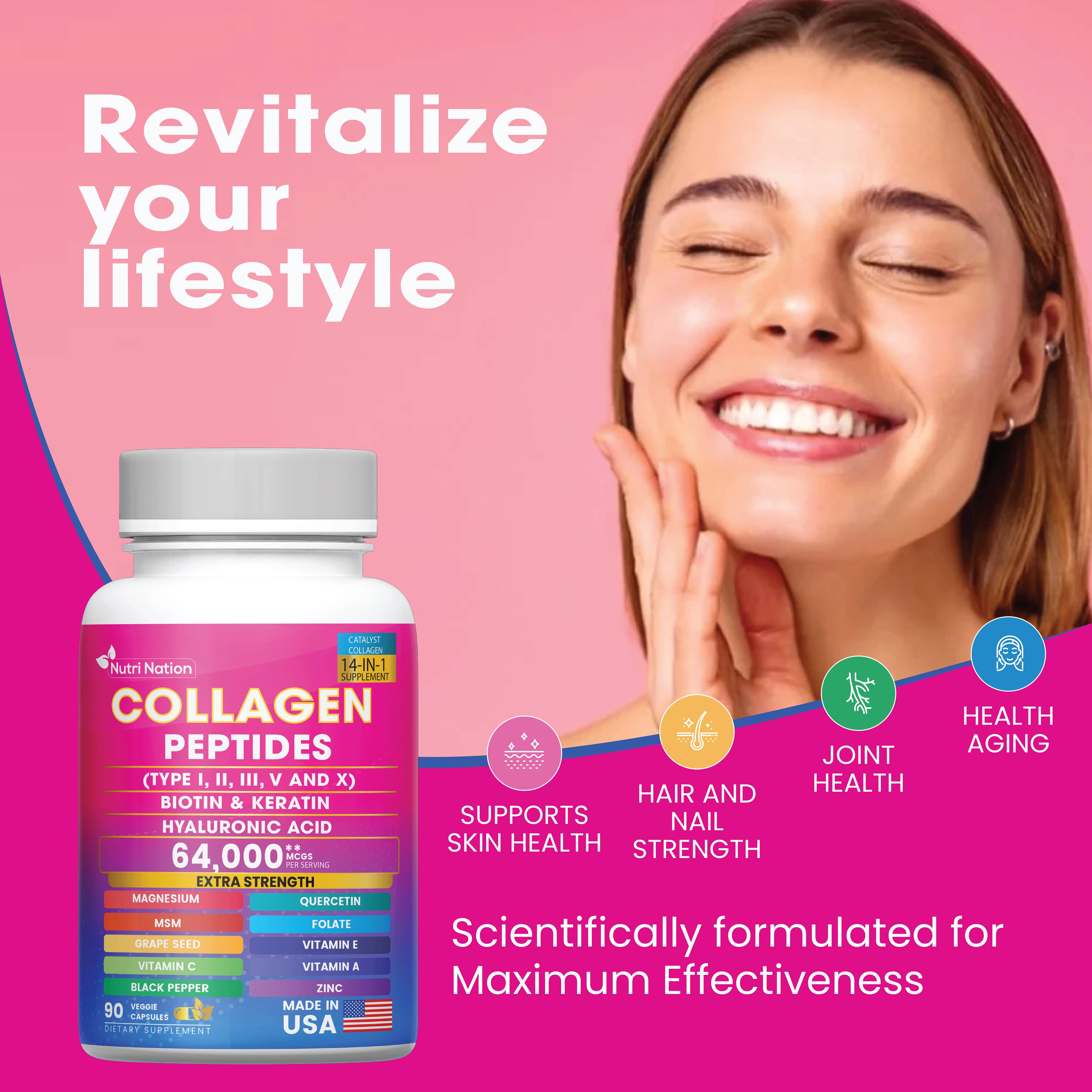 Nutri Nation – Großhandel Nahrungsergänzungsmittel/Vitamin zum Einnehmen – Kollagen-Peptid-Kapseln, Typ I, II, III, V & X Biotin Keratin Hyaluronsäure MSM Vitamin C, E & A, Folsäure Zink Magnesium mit Traubenkernextrakt, Quercetin (90 Kapseln)4