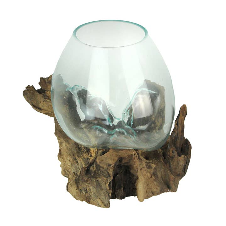 Large Molten Glass Bowl On Natural Driftwood Base for wholesale by Zeckos