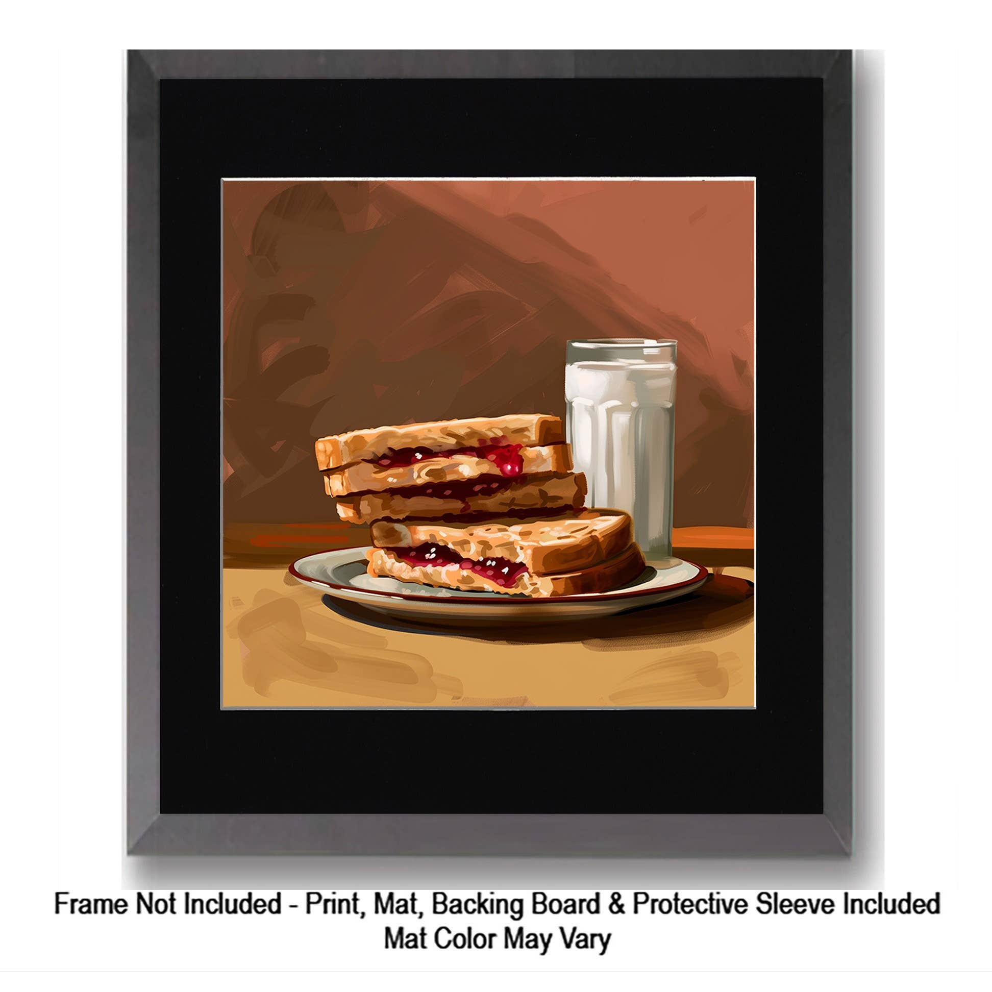 Mowbi - Wholesale Art Print - Peanut Butter and Jelly Sandwich with a Glass of Milk 8”x8” Art Print Bistro Collection1