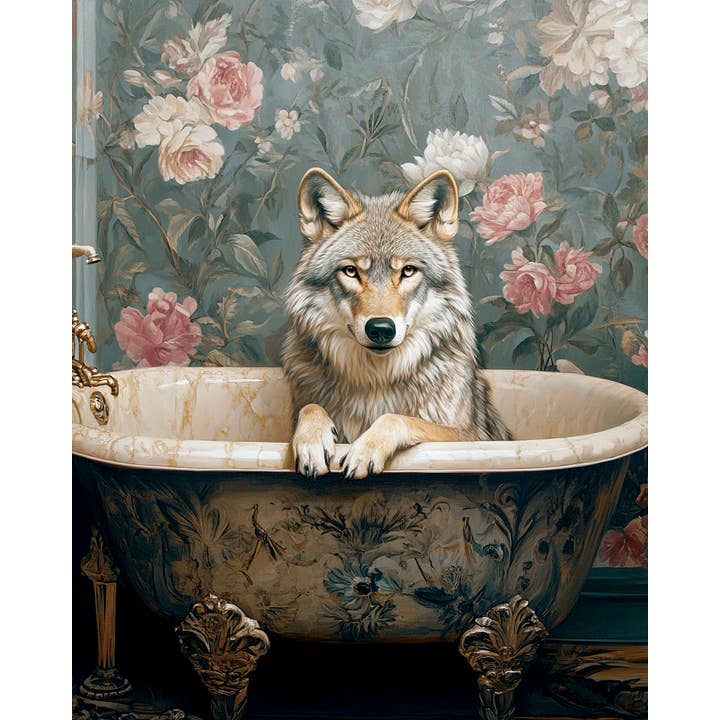 Mowbi - Wholesale Art Print - Wolf in Bathtub - Anthropomorphic Animal Art Prints – 8″x10″ Artwork for 11″x14″ Frame