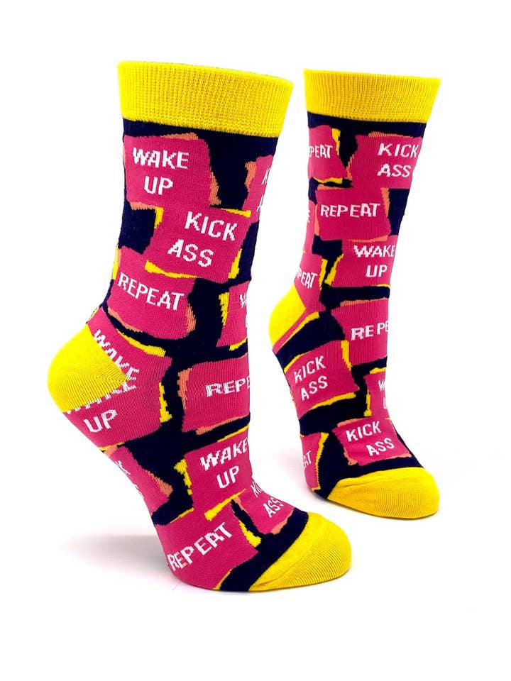 Fabdaz - Wholesale Socks - Women's - Wake Up Kick Ass Repeat Women's Crew Socks