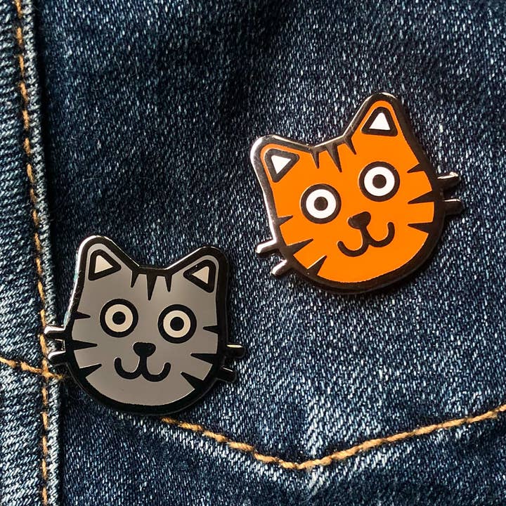 Orange or Grey Cat Enamel Pin for wholesale by Carli Jayne