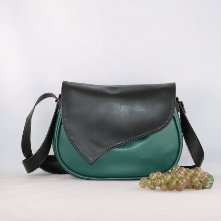 Black grape leather alter-leather flap for wholesale by Les Sacs de Théane