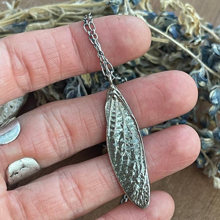Cicada Wing Necklace - Vertical (Silver, Bronze, or Copper) for wholesale by Ozark Impressions Jewelry