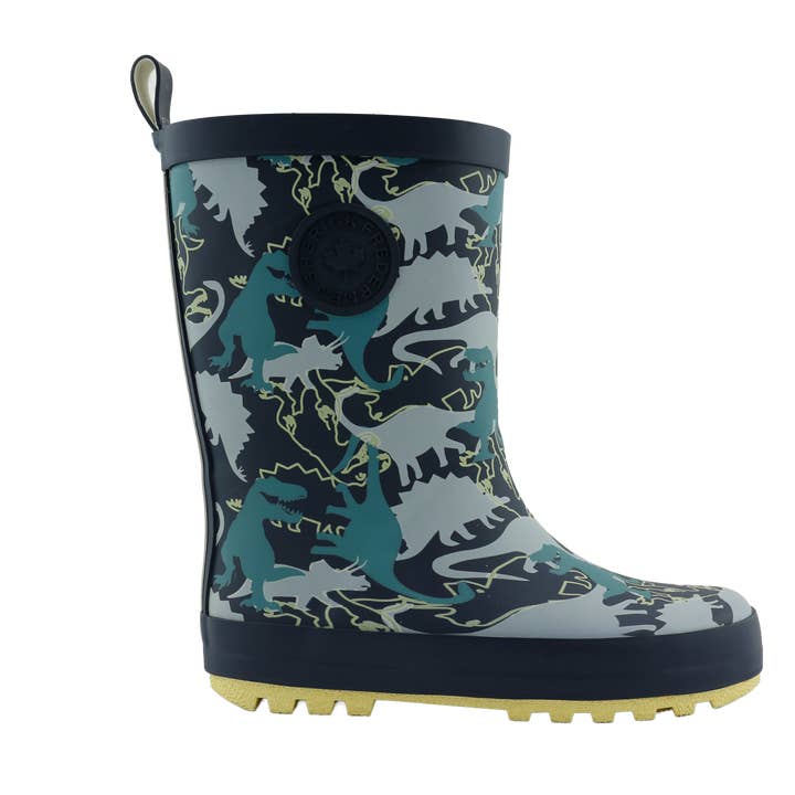 Dino Adventure Rainboots with Neon Yellow Sole for wholesale by Sherick Fredermen