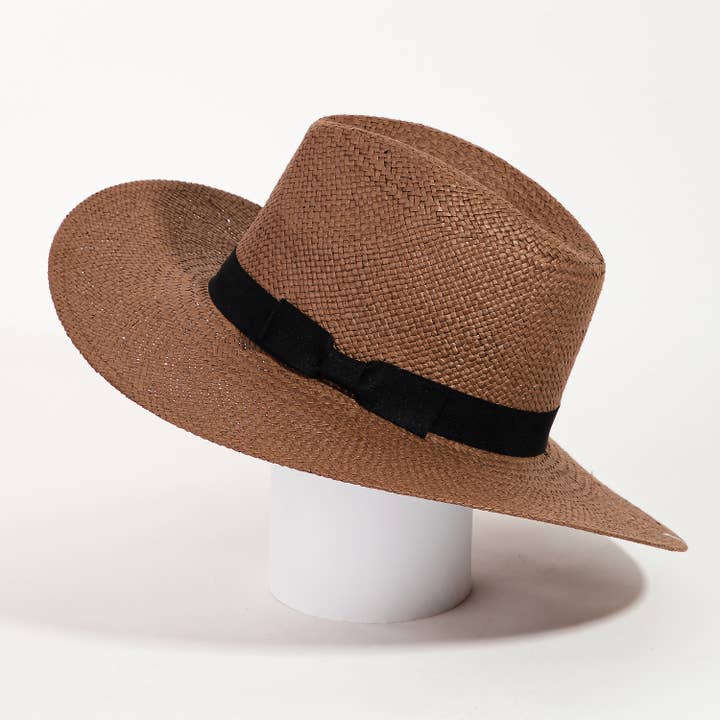 Collections by Fame Accessories - Wholesale Straw Hat - Women's - Basket Weave Ribbon Bowtie Fedora Hat