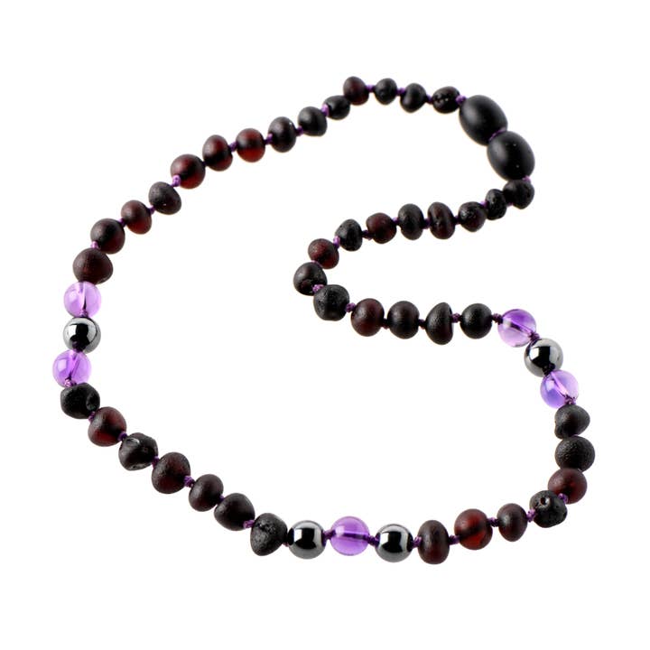 Halskette im Barockstil mit rohem Bernstein, Amethyst und Hämatit für den Großhandel von The Natural Amber