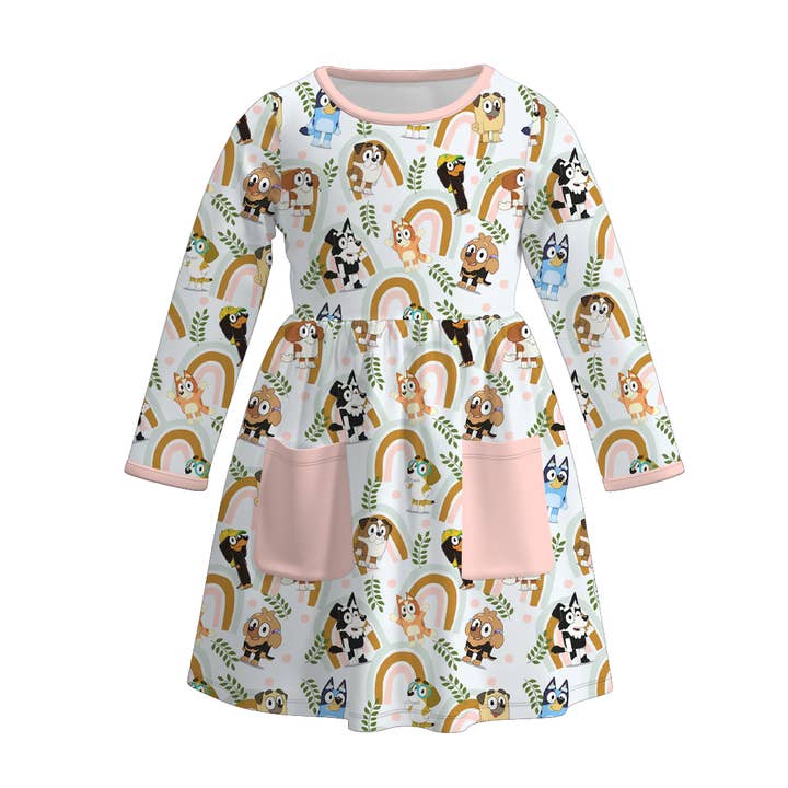 Girls bluey printed long sleeve dress for wholesale by Little Trendy