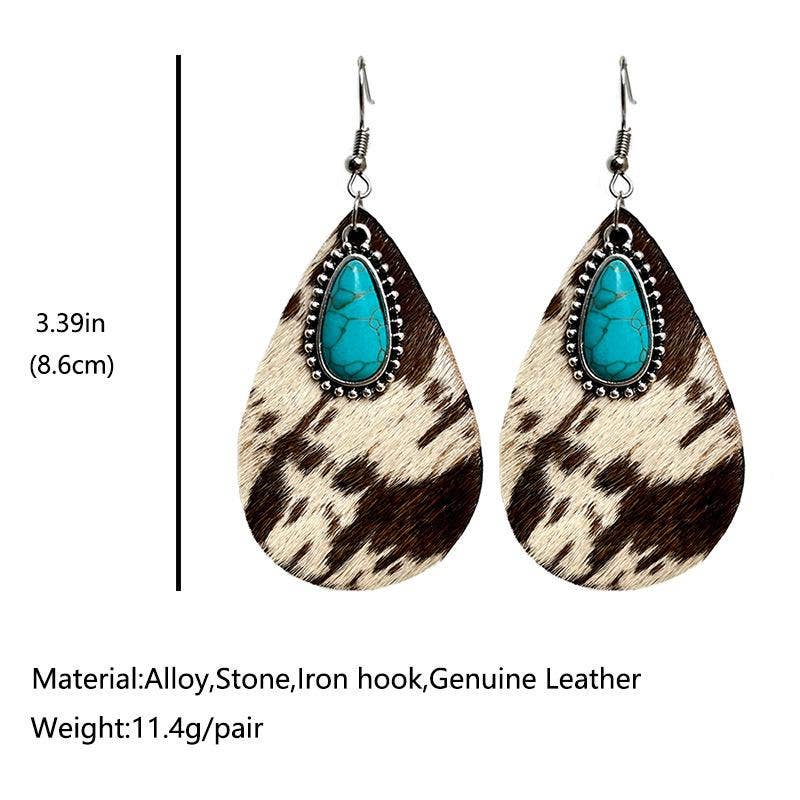 Mio Queena - Wholesale Dangle Earrings - Western Leopard Print Cowhide Earrings Turquoise Pendant -WJ0
