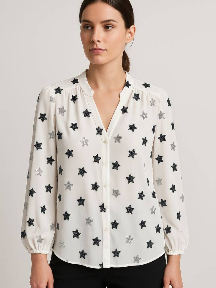 3/4 sleeve voile shirt with sequin stars White for wholesale by You Udress