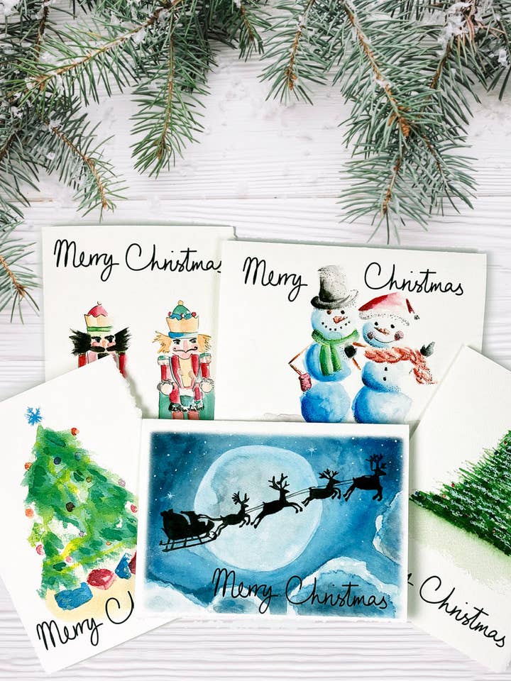 Watercolor Christmas Card Set for wholesale by AJ's Art Jam