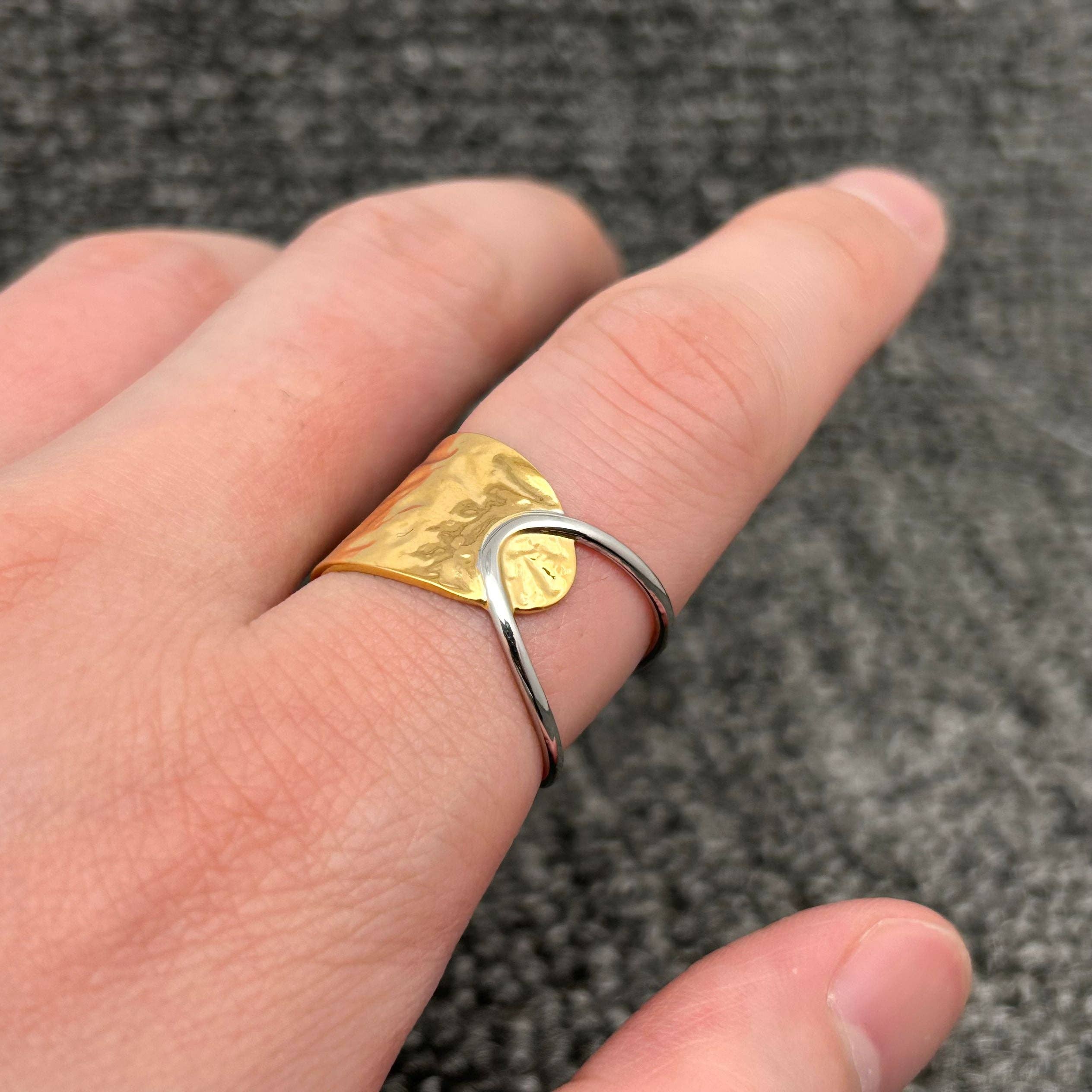 Mio Queena - Wholesale Cocktail/Statement Ring - 18K Gold Plated S.Steel Two Tone Half Hollow Ring - FGS3