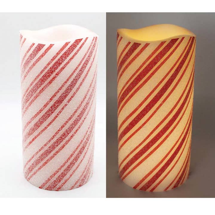 WT Collection - Wholesale Pillar Candle - Frosty Candy Cane 12 inch LED Pillar Candle0