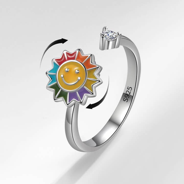 Perimade & Co. LLC - Wholesale Multi-Stone Ring - Smiley Sunflower Anxiety Fidget Spinner Ring in Solid Copper