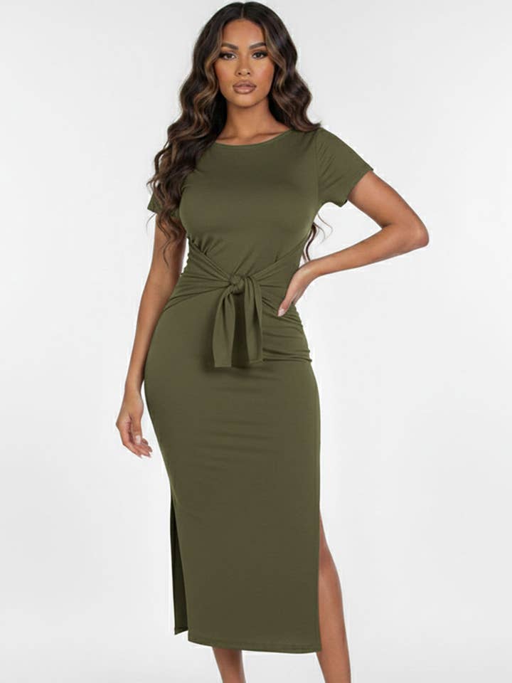 Tie Front Short Sleeve Side Slit Dress for wholesale by CAPELLA APPAREL