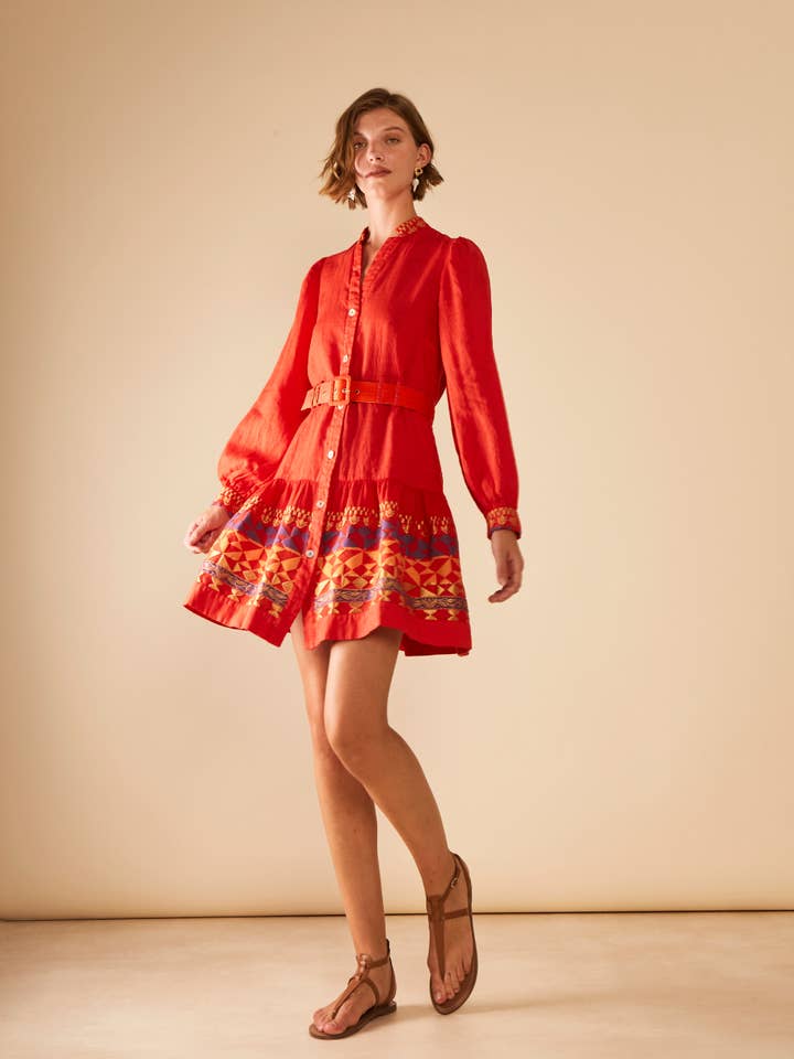 ANTHERIS - Wholesale Dress - Women's - Loom- Paneled Sharp Tailored Linen Ruffled Belted Dress.1