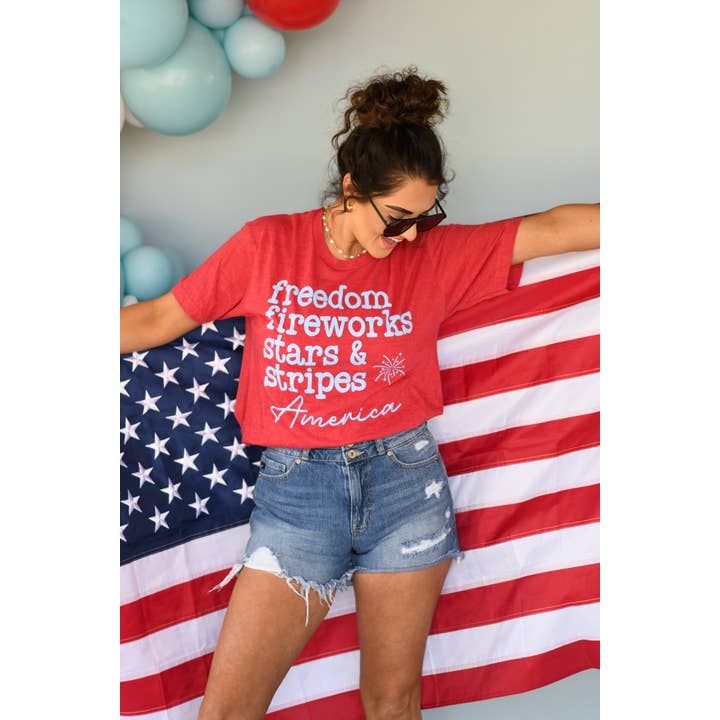 Heather Red RTS Freedom Fireworks Stars & Stripes Tee for wholesale on Faire