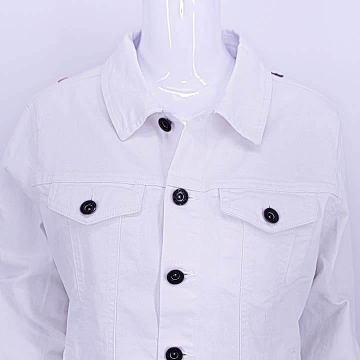 My Little Maria - Vente Veste en jean – femme - Veste en jean blanc brodé à la main - Floral rose et vert5