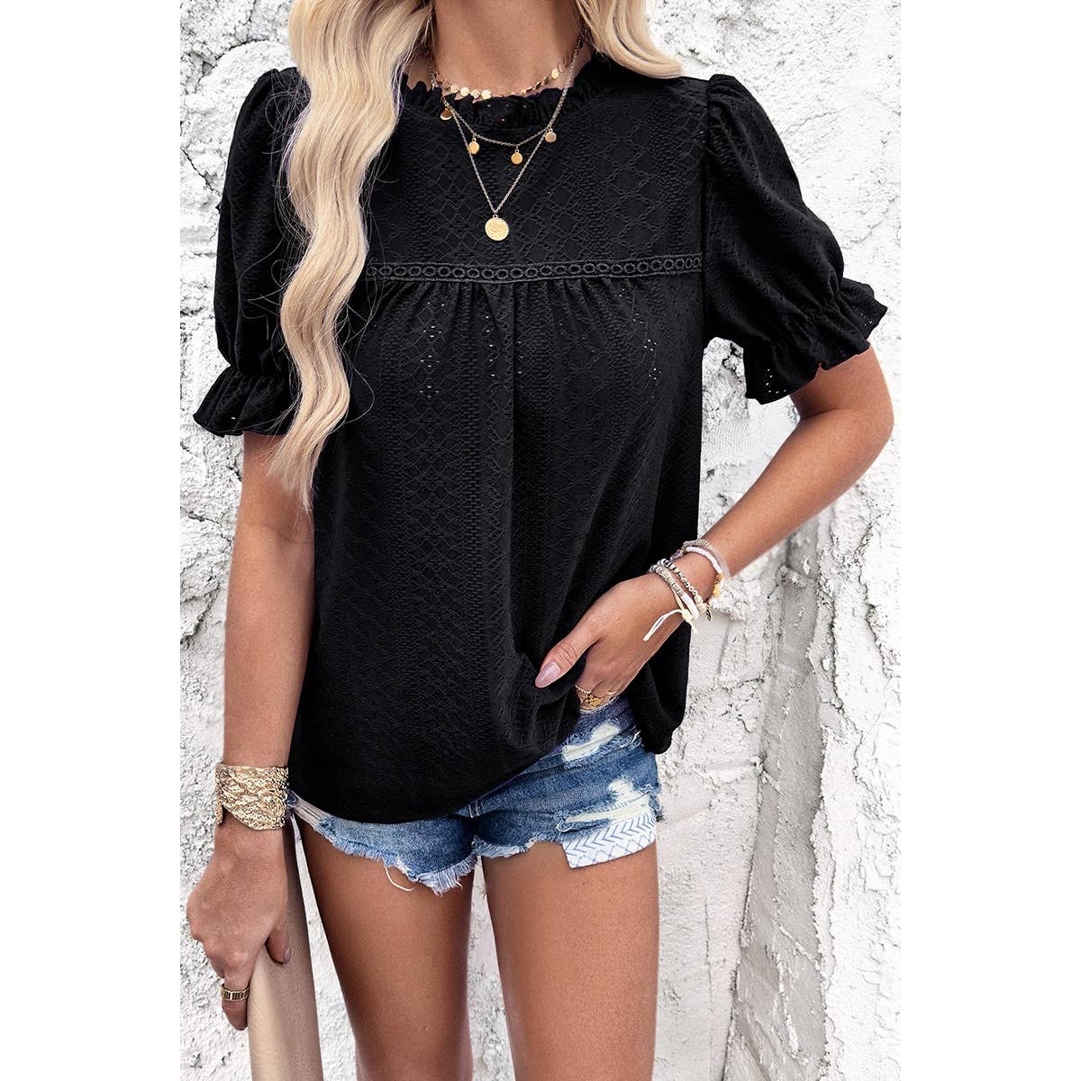 Supreme Fashion - Wholesale Blouse - Women's - Round Neck Embroidery Ruffle Sleeve Loose Fit Shirts0