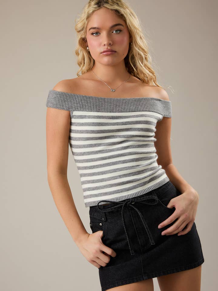 OFF SHOULDER STRIPE SWEATER TOP for wholesale by LE LIS