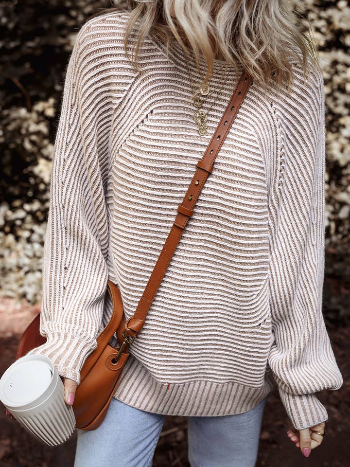 Jersey holgado de punto acanalado con estampado de rayas y cuello barco (S-2XL) para venta al por mayor de 66DISCO