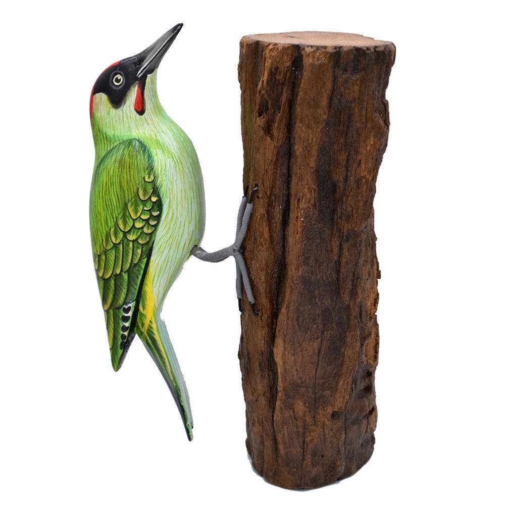 Shared Earth – wholesale Decorative figurine – Green woodpecker on tree trunk, hand carved and painted0