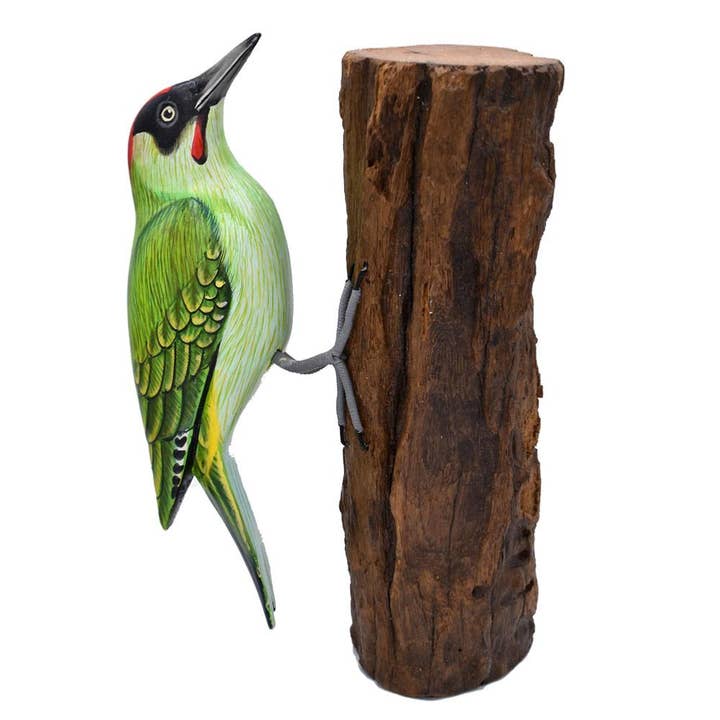 Shared Earth – wholesale Decorative figurine – Green woodpecker on tree trunk, hand carved and painted