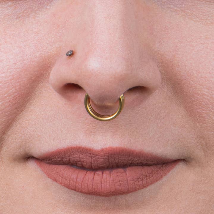 Custom Plugs - Wholesale Nose Ring - Titanium Hinged Triple Stacked Septum Ring 1.2mm Gauge in Gold