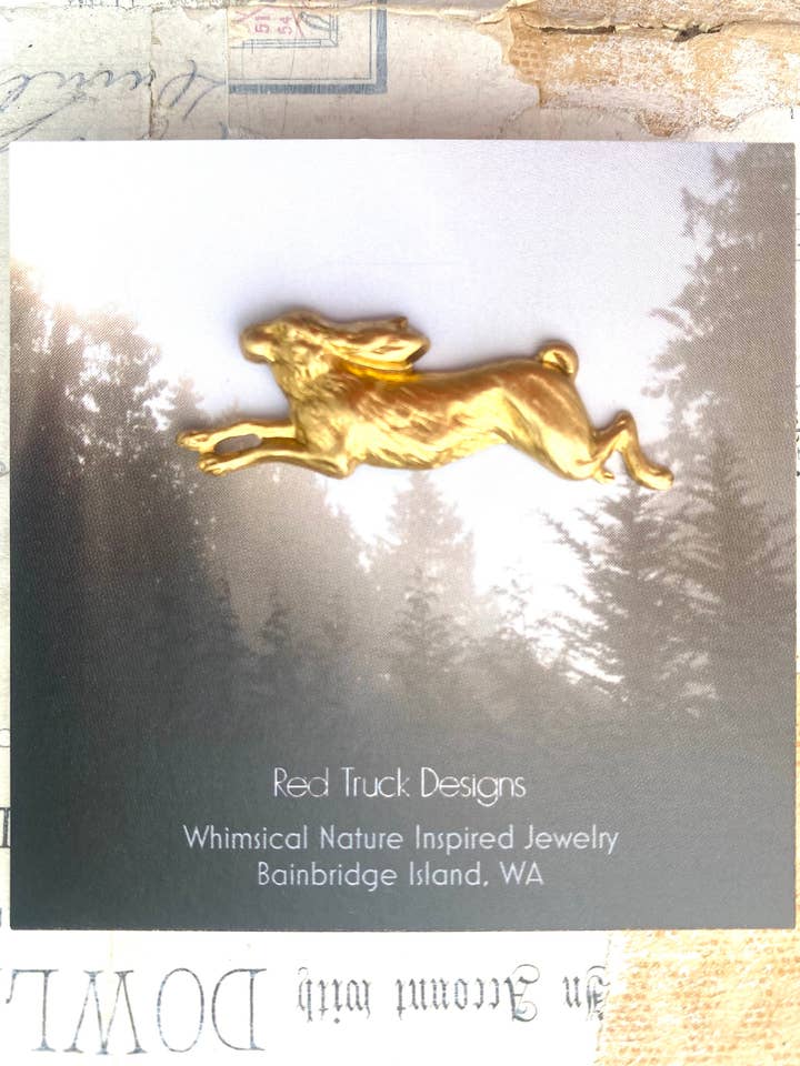 Rabbit Tie Tack Woodland Hare Brooch Gold Brass Forest Pin for wholesale by Red Truck Designs
