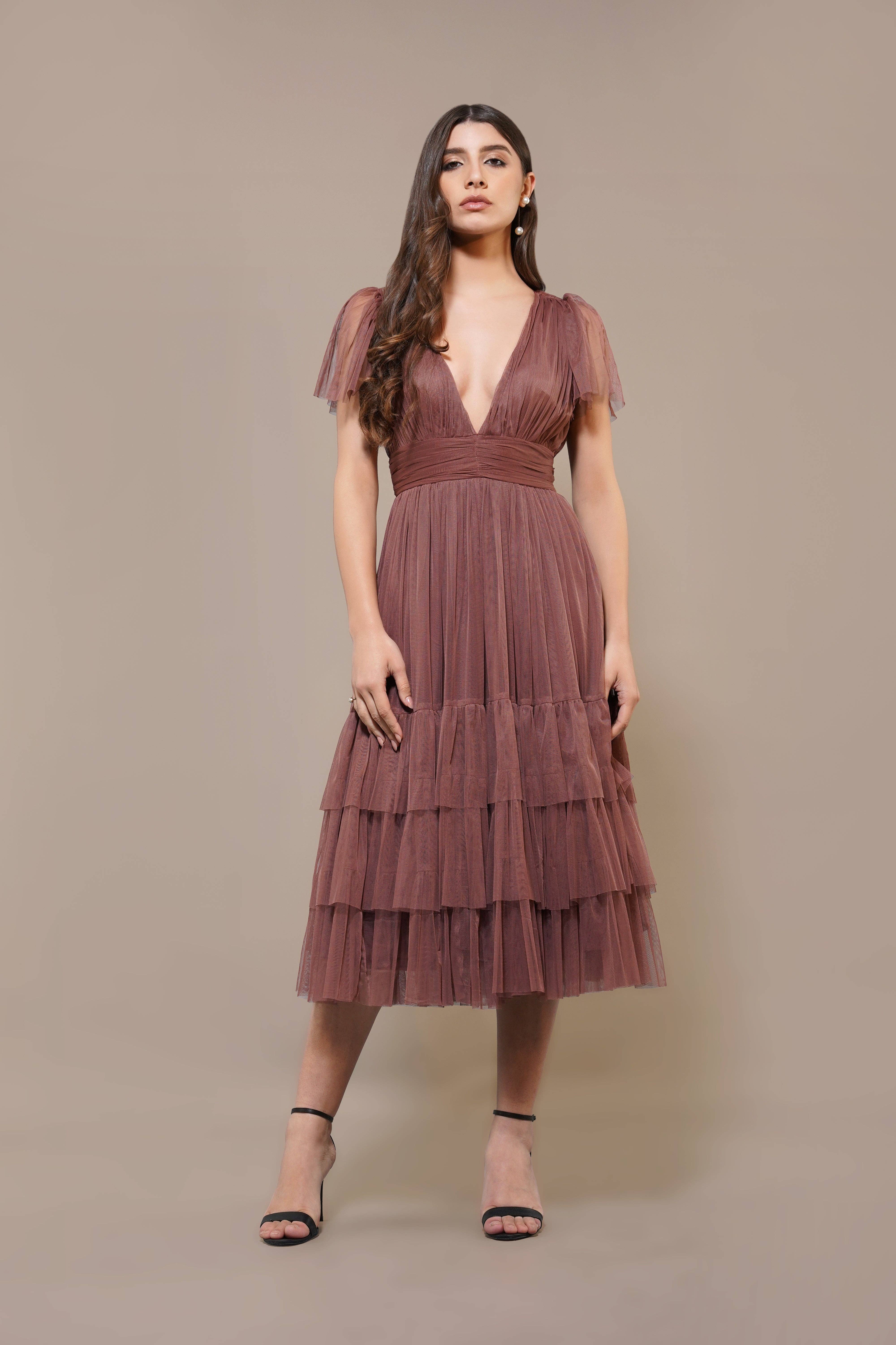 Madison Rose Brown Tulle Bridesmaid Midi Dress for wholesale on Faire0