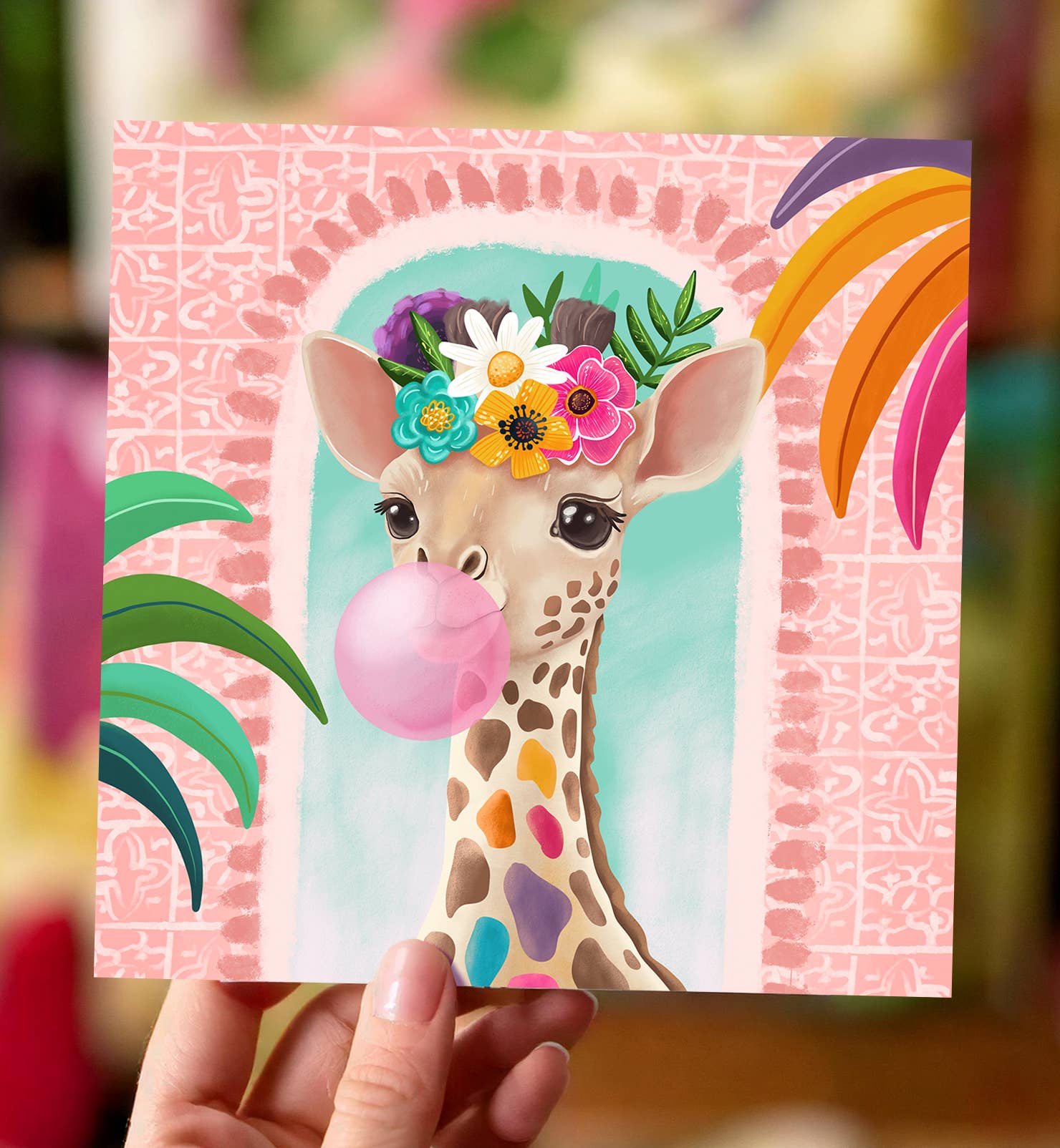 Aniet Illustration - Wholesale Birthday Card - Giraffe card with flowers - birthday - just pink1