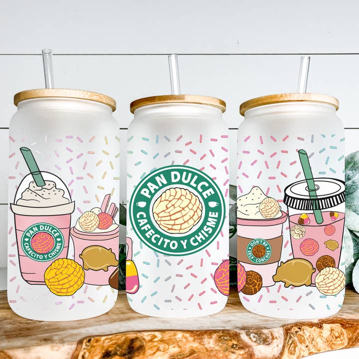 Beer Glass Can, Cafecito Y Chisme Glass, 16oz, Concha, Cafe for wholesale by Designs & Crafts By Mo