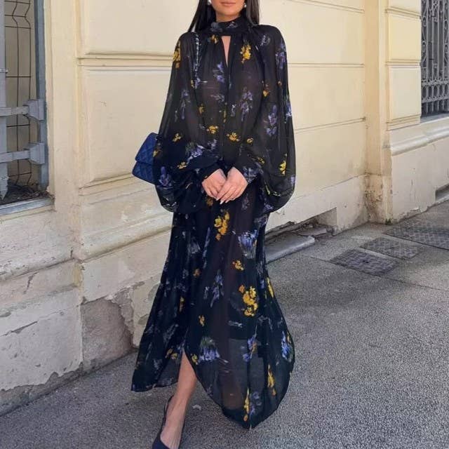 Navyblue Chiffon Fashionable Printed Tie-Up Mesh Dress for wholesale on Faire1