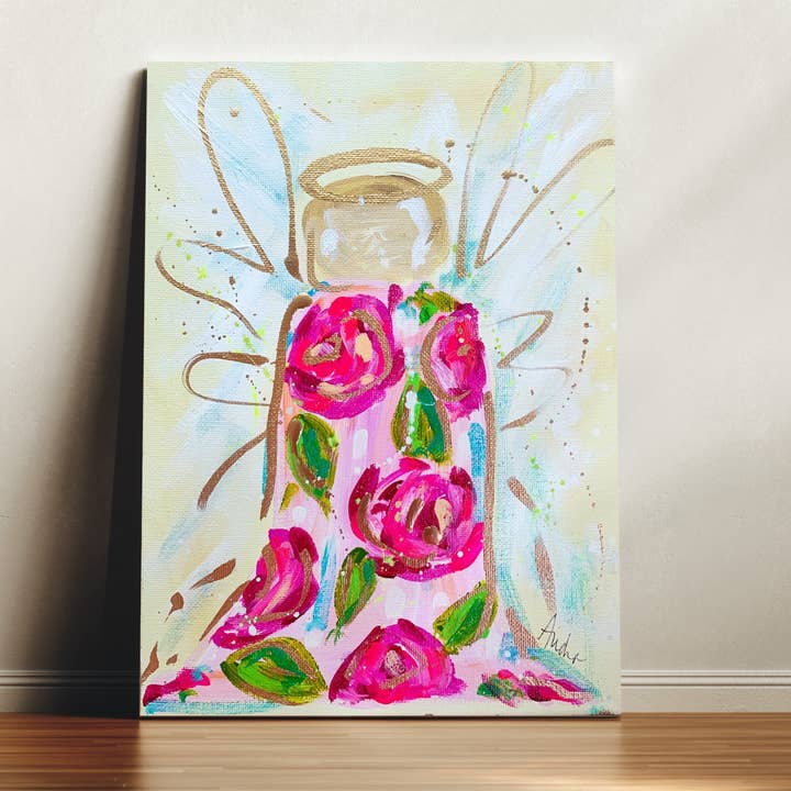 Impression sur toile d'ange rose - Peinture inspirante religieuse chrétienne pour la vente par Audra Style
