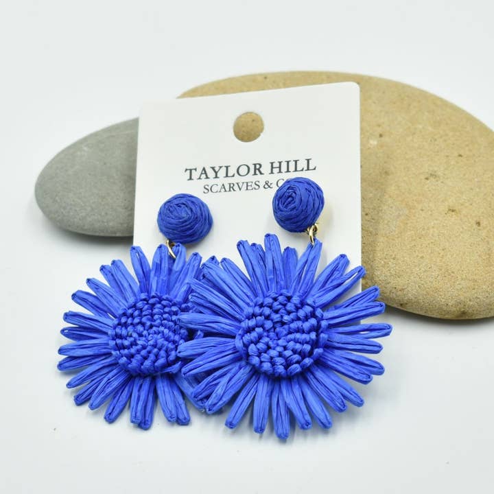 Taylor Hill Scarves & Co - Wholesale Stud/post earrings - THSE1099: Blue: Raffia Flower Earrings