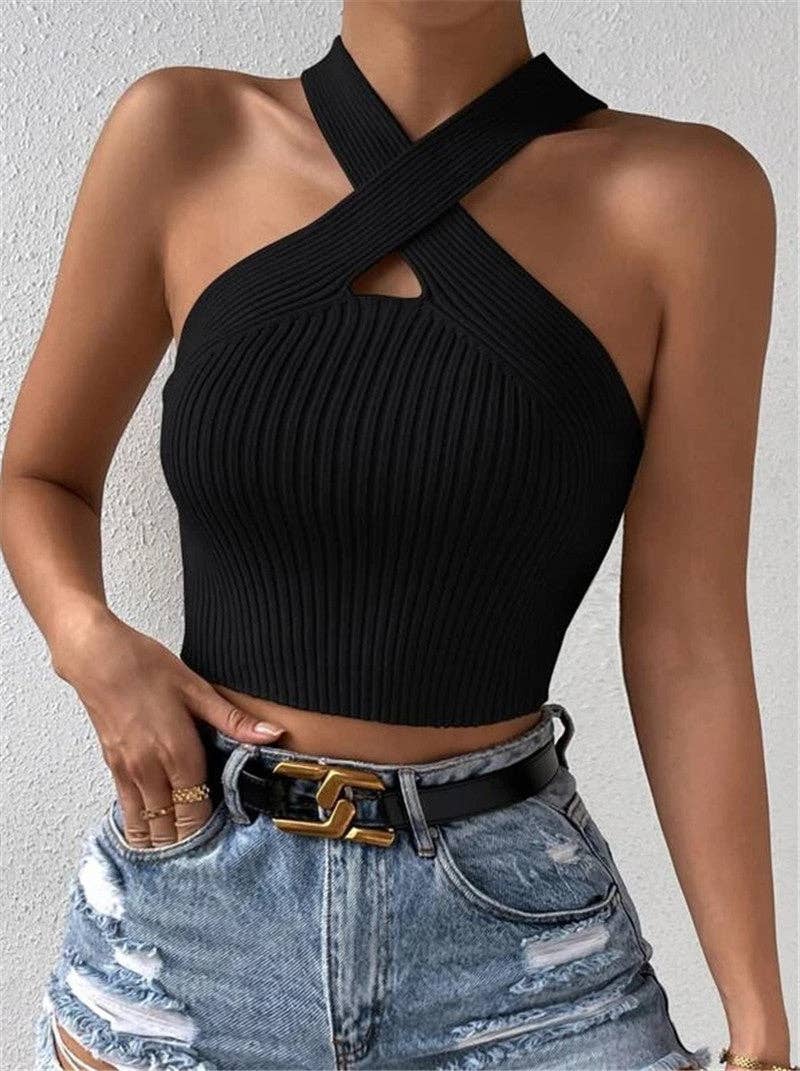 safistyle - Wholesale Knit Top - Women's - Cross Halter Ribbed Crop Top4