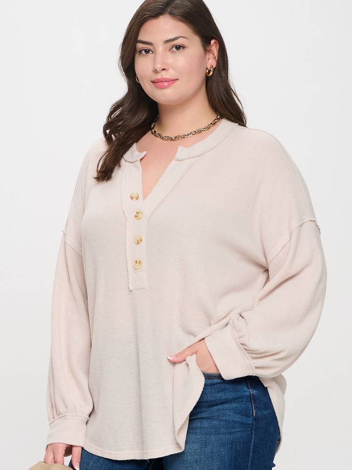 Blu Pepper - Wholesale Knit Top - Women's - PLUS V NECK HALF BUTTON LONG SLEEVE KNIT TOP