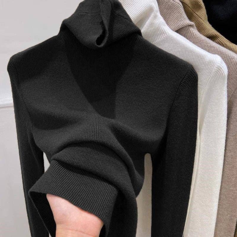 Plush Looks - Wholesale Pullover-trui - Dames - Stijlvolle effen gebreide slim fit trui met opstaande kraag6