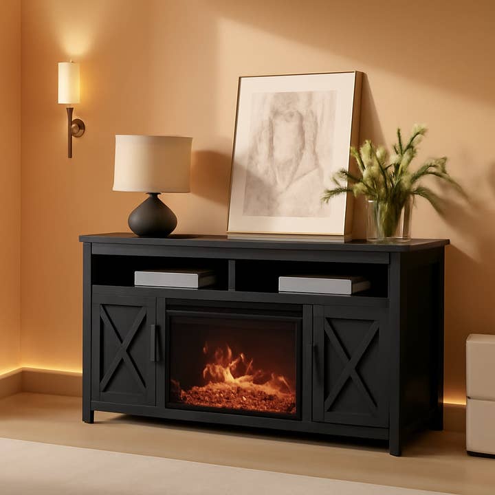 58 Inch Farmhouse TV Stand With Electric Fireplace Grey for wholesale on Faire