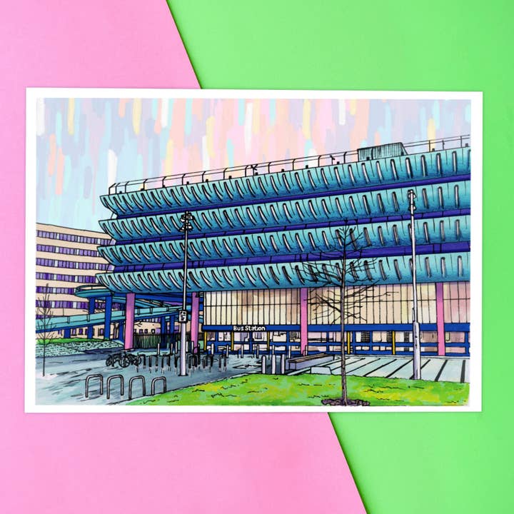 Preston Bus Station Art Print | Lancashire, landmarks, Fylde for wholesale by Emily Peet Illustration