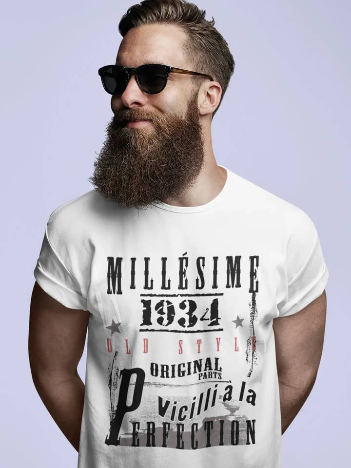 1934, födelsedagspresenter till honom, födelsedagst-shirts, Kortärmad rundhalsad T-shirt för män, FR Vintage White Herrar 00135 för wholesale av ULTRABASIC